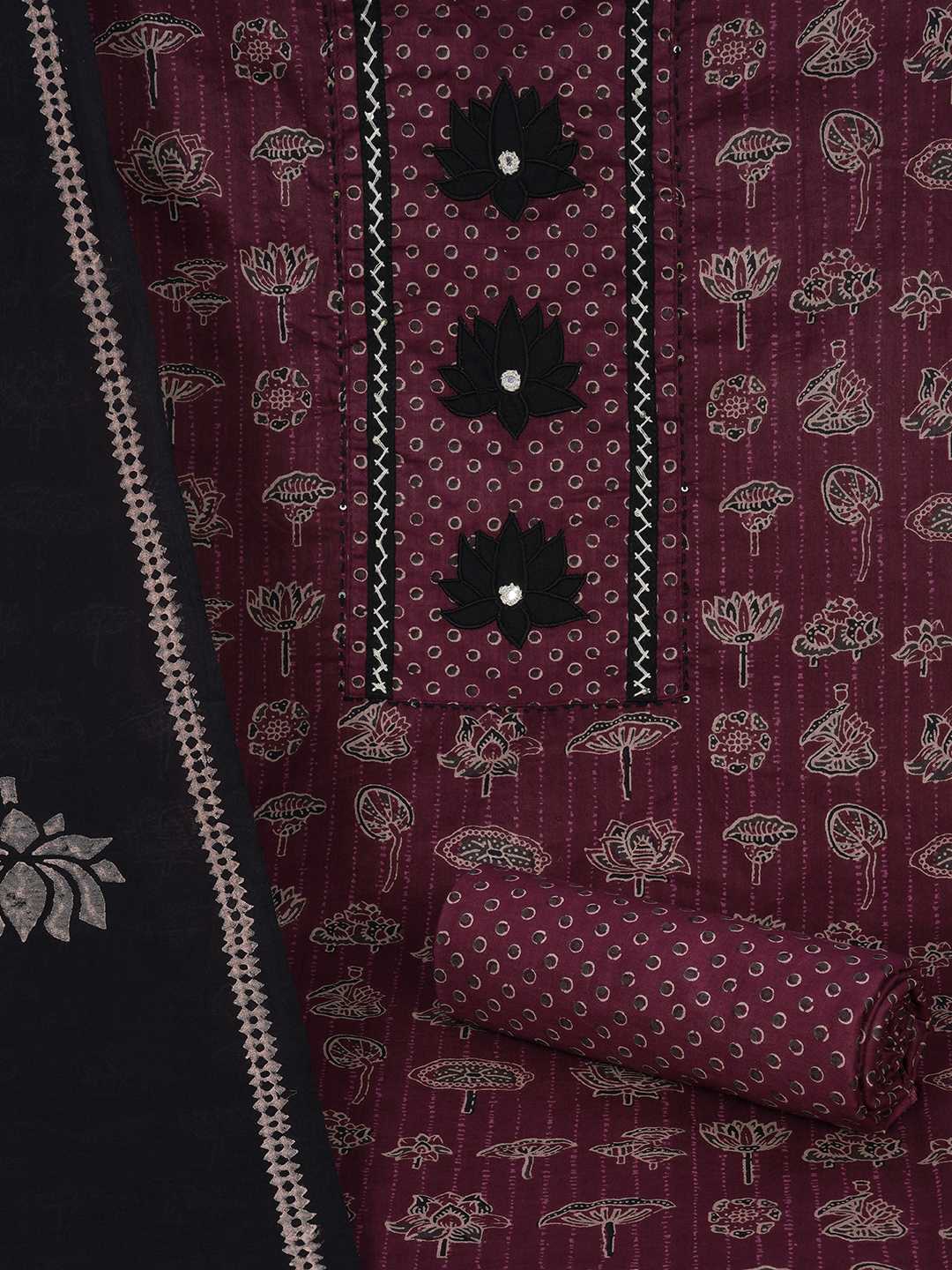 Ready-to-Stitch Cotton embroidered Dress Material Paired with Printed Bottom and printed dupatta.(Wine)