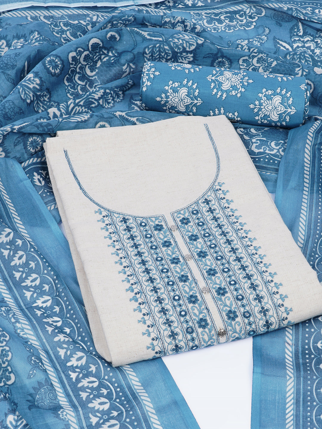 Cotton Flex Embroidered dress material with Printed Bottom & printed dupatta.