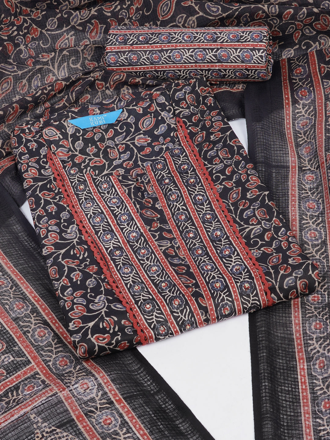 Printed Cotton dress material with Lace Yoke, Kota Dupatta & printed dupatta.