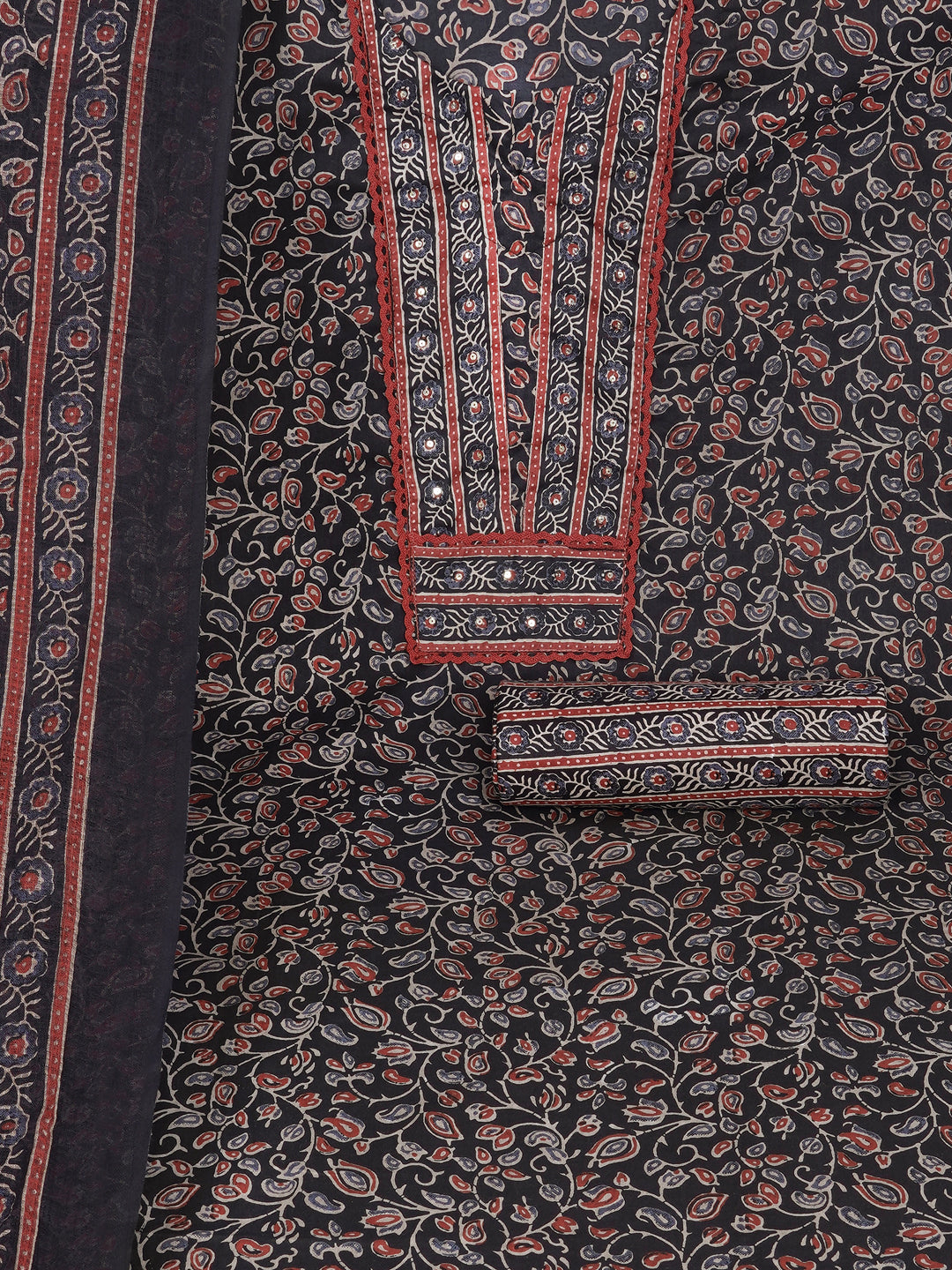 Printed Cotton dress material with Lace Yoke, Kota Dupatta & printed dupatta.