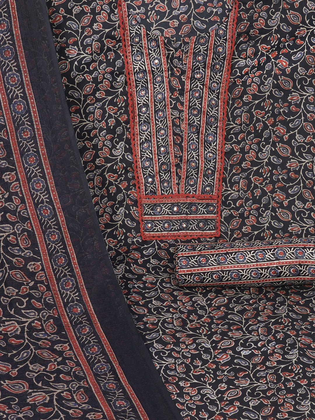 Printed Cotton dress material with Lace Yoke, Kota Dupatta & printed dupatta.
