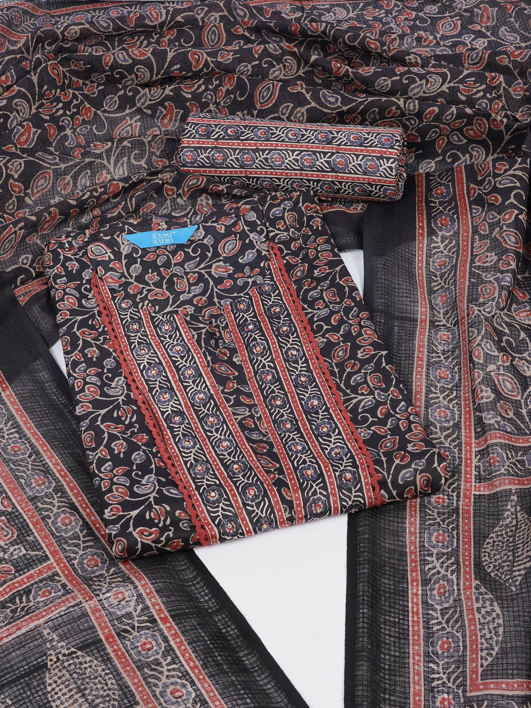 Printed Cotton dress material with Lace Yoke, Kota Dupatta & printed dupatta.