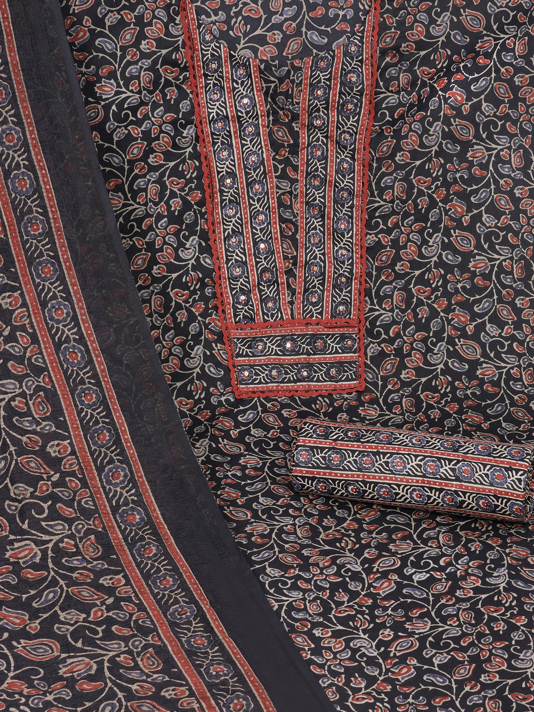 Printed Cotton dress material with Lace Yoke, Kota Dupatta & printed dupatta.