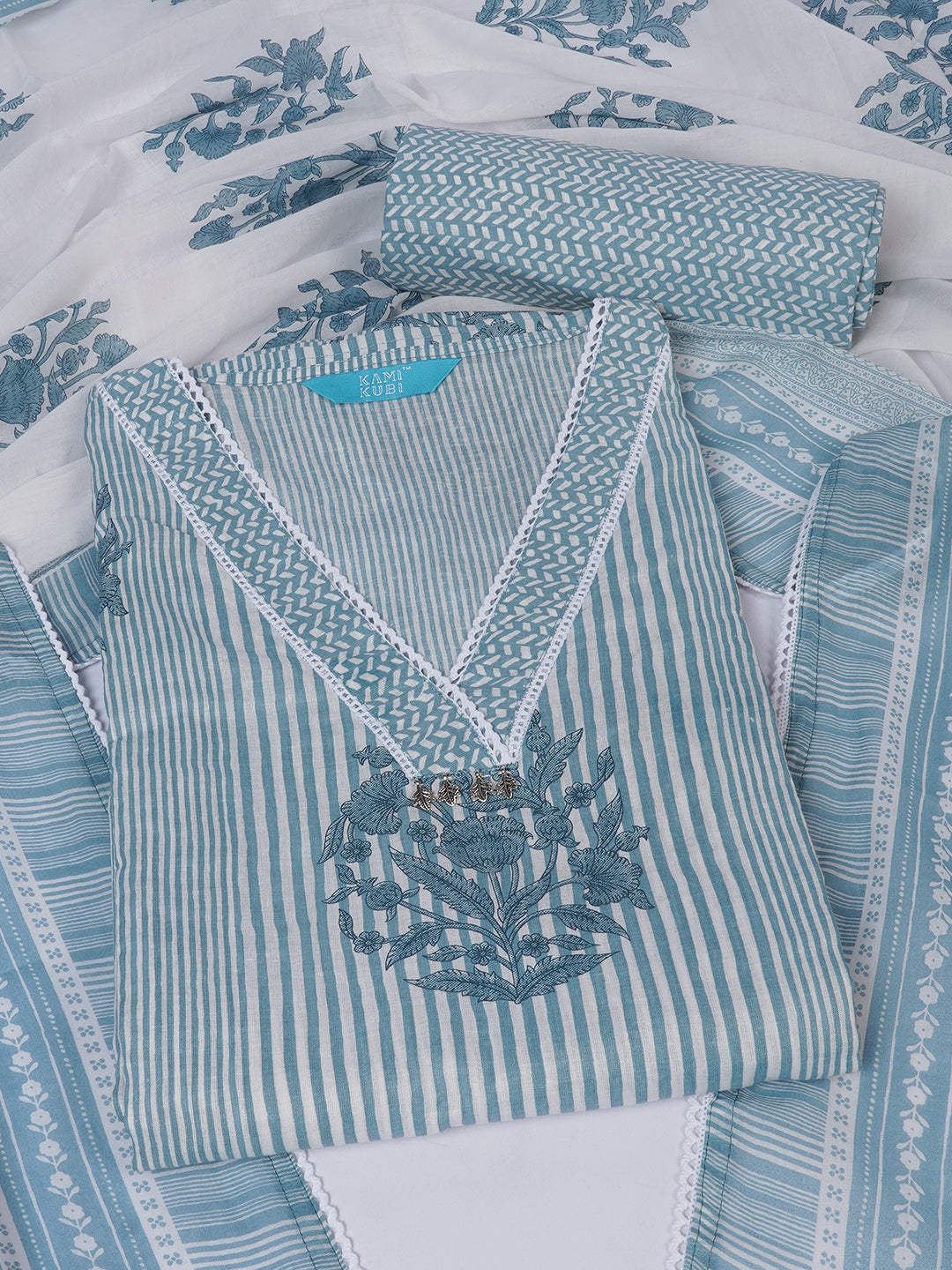 Unstitched Printed 3-Piece Cambric Dress Material with Lace Work Paired with Printed Bottom & printed dupatta.(Blue)