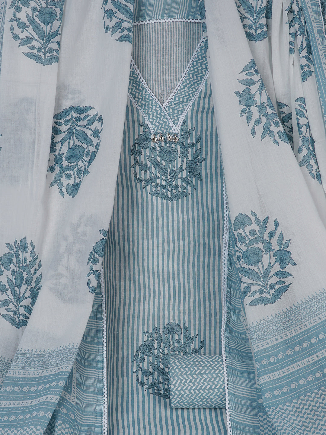 Unstitched Printed 3-Piece Cambric Dress Material with Lace Work Paired with Printed Bottom & printed dupatta.(Blue)