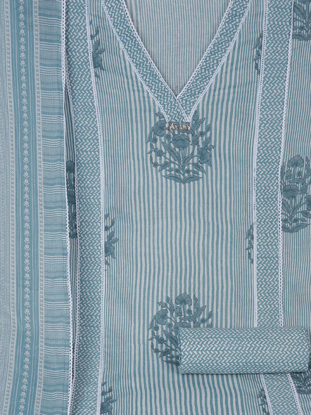 Unstitched Printed 3-Piece Cambric Dress Material with Lace Work Paired with Printed Bottom & printed dupatta.(Blue)
