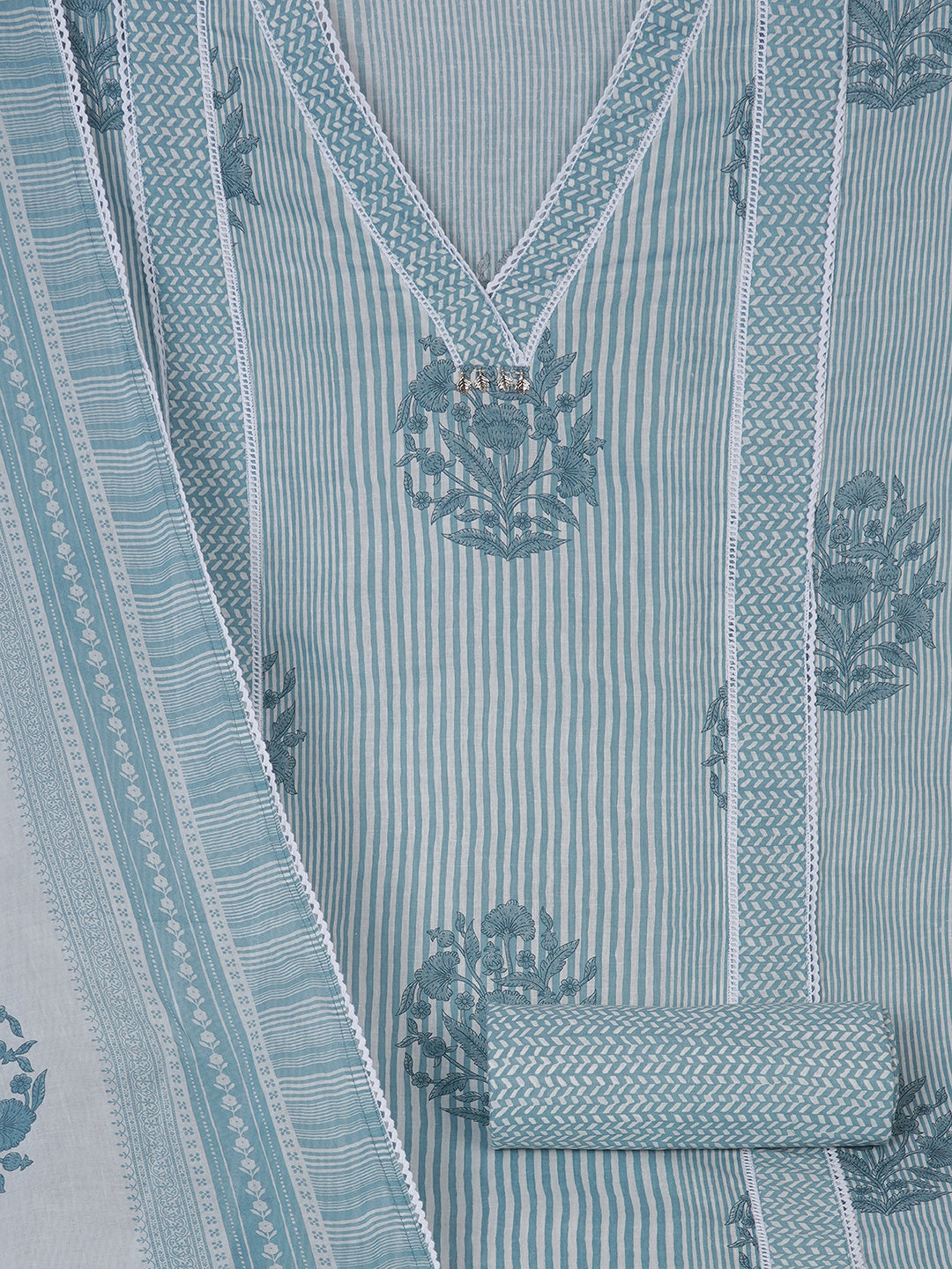 Unstitched Printed 3-Piece Cambric Dress Material with Lace Work Paired with Printed Bottom & printed dupatta.(Blue)
