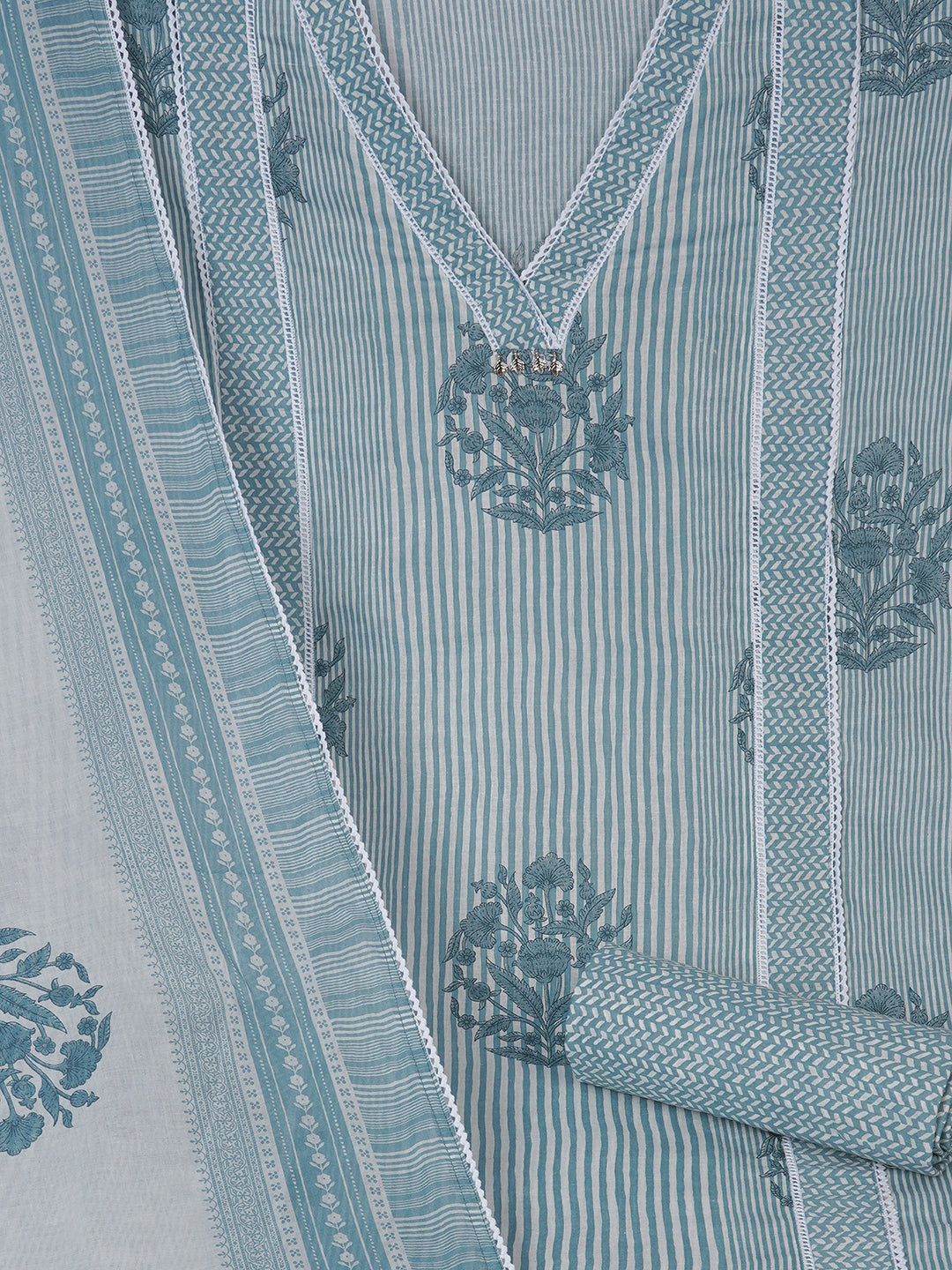 Unstitched Printed 3-Piece Cambric Dress Material with Lace Work Paired with Printed Bottom & printed dupatta.(Blue)