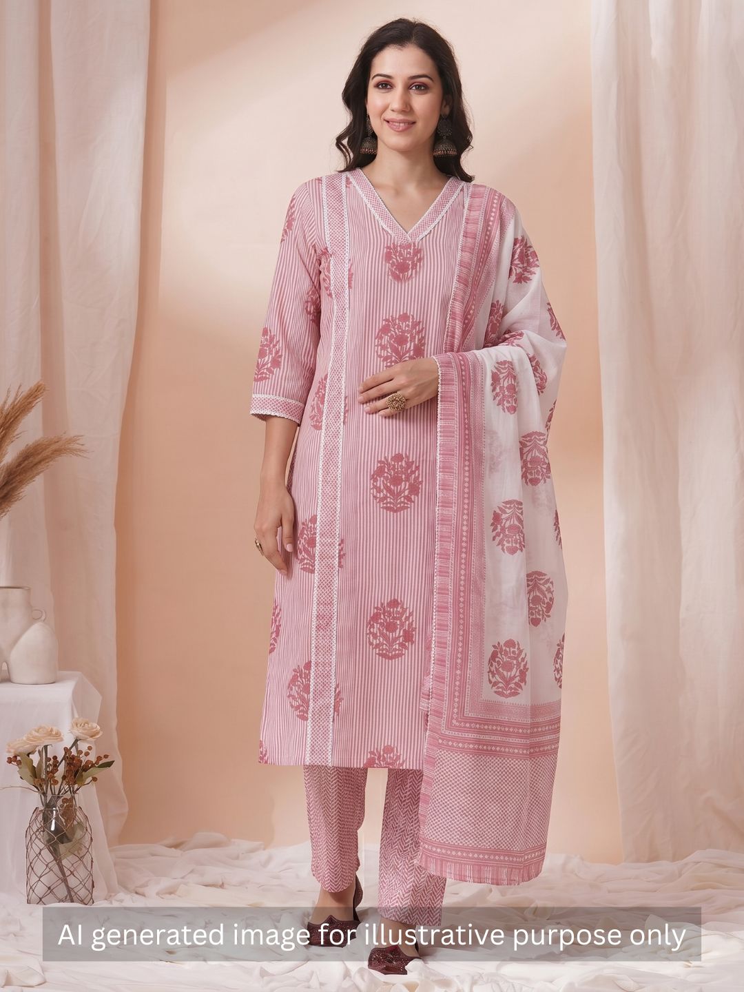 Unstitched Printed 3-Piece Cambric Dress Material with Lace Work Paired with Printed Bottom & printed dupatta.Pink)