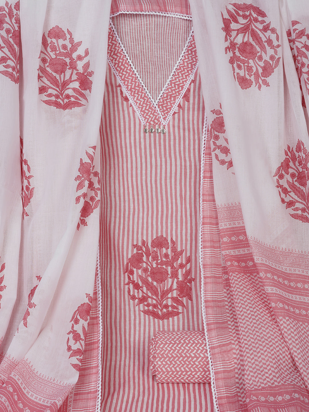 Unstitched Printed 3-Piece Cambric Dress Material with Lace Work Paired with Printed Bottom & printed dupatta.Pink)