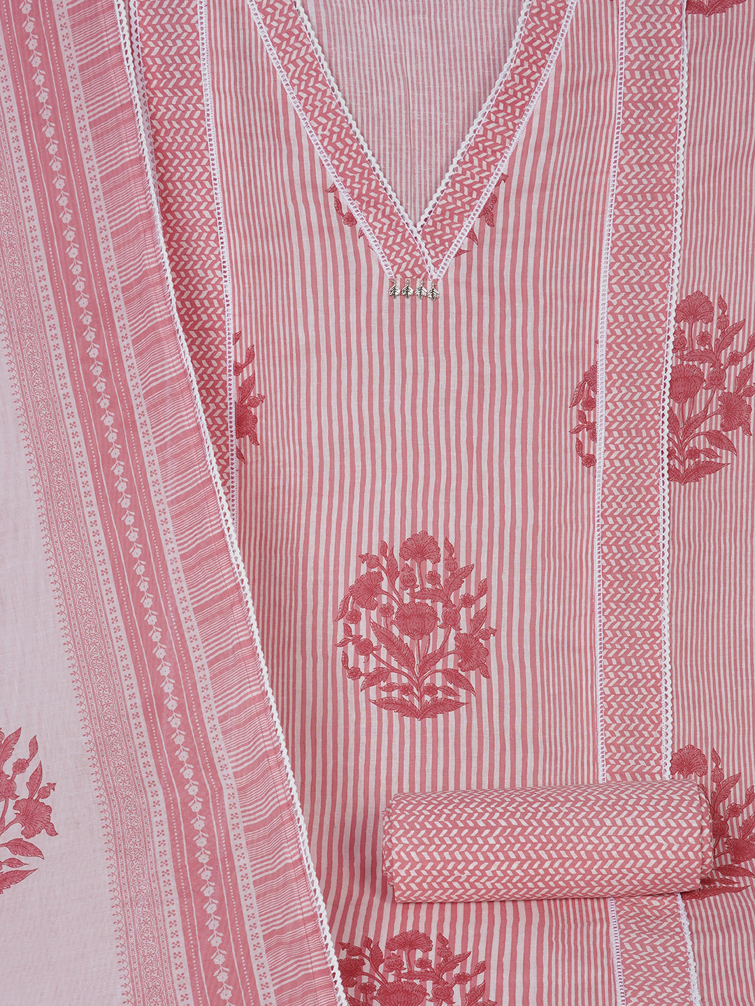Unstitched Printed 3-Piece Cambric Dress Material with Lace Work Paired with Printed Bottom & printed dupatta.Pink)
