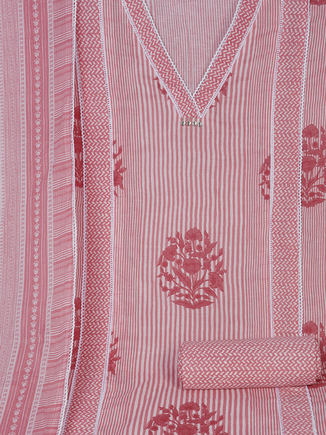 Unstitched Printed 3-Piece Cambric Dress Material with Lace Work Paired with Printed Bottom & printed dupatta.Pink)