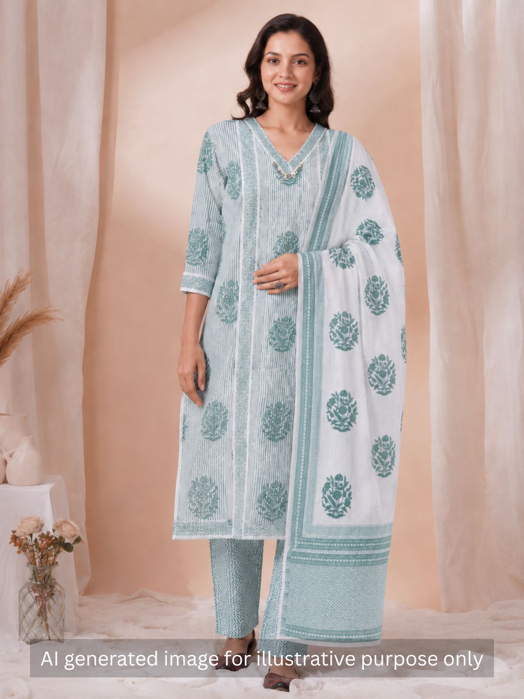 Unstitched Printed 3-Piece Cambric Dress Material with Lace Work Paired with Printed Bottom & printed dupatta.(Green)