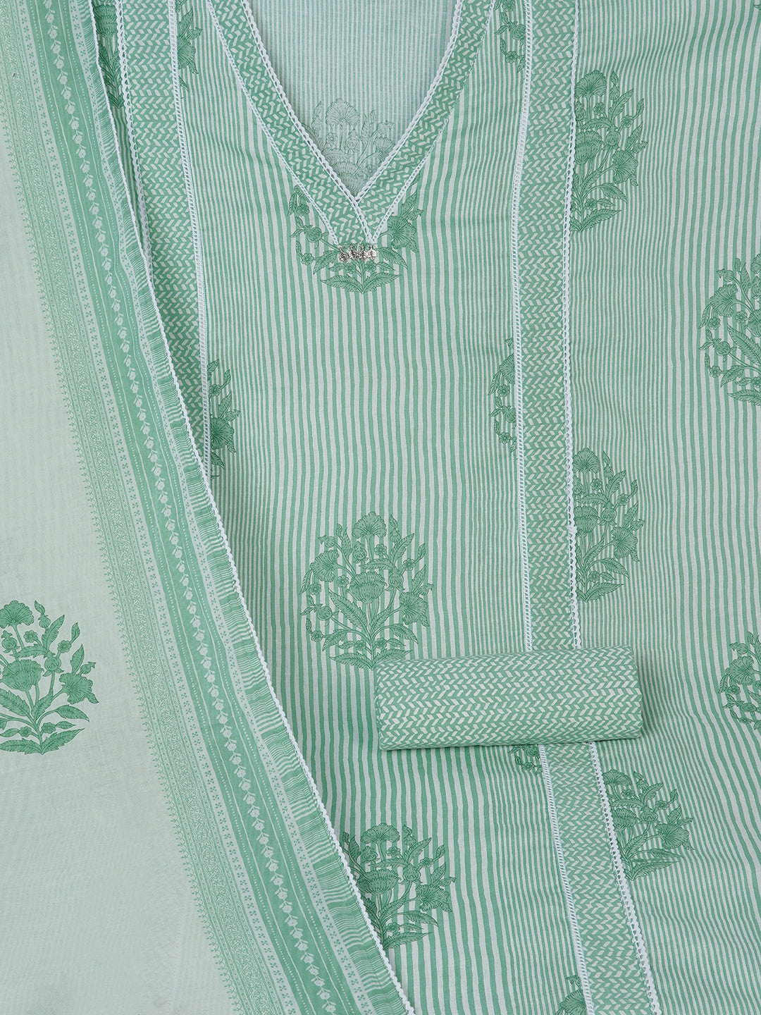 Unstitched Printed 3-Piece Cambric Dress Material with Lace Work Paired with Printed Bottom & printed dupatta.(Green)