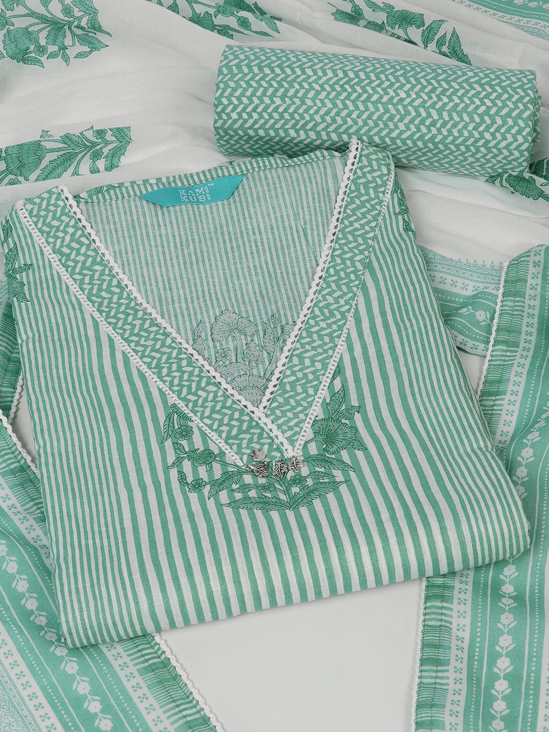 Unstitched Printed 3-Piece Cambric Dress Material with Lace Work Paired with Printed Bottom & printed dupatta.(Green)