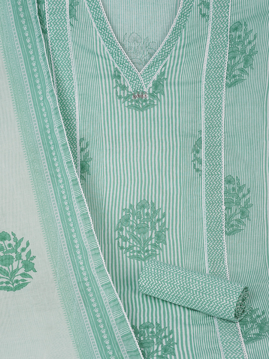 Unstitched Printed 3-Piece Cambric Dress Material with Lace Work Paired with Printed Bottom & printed dupatta.(Green)