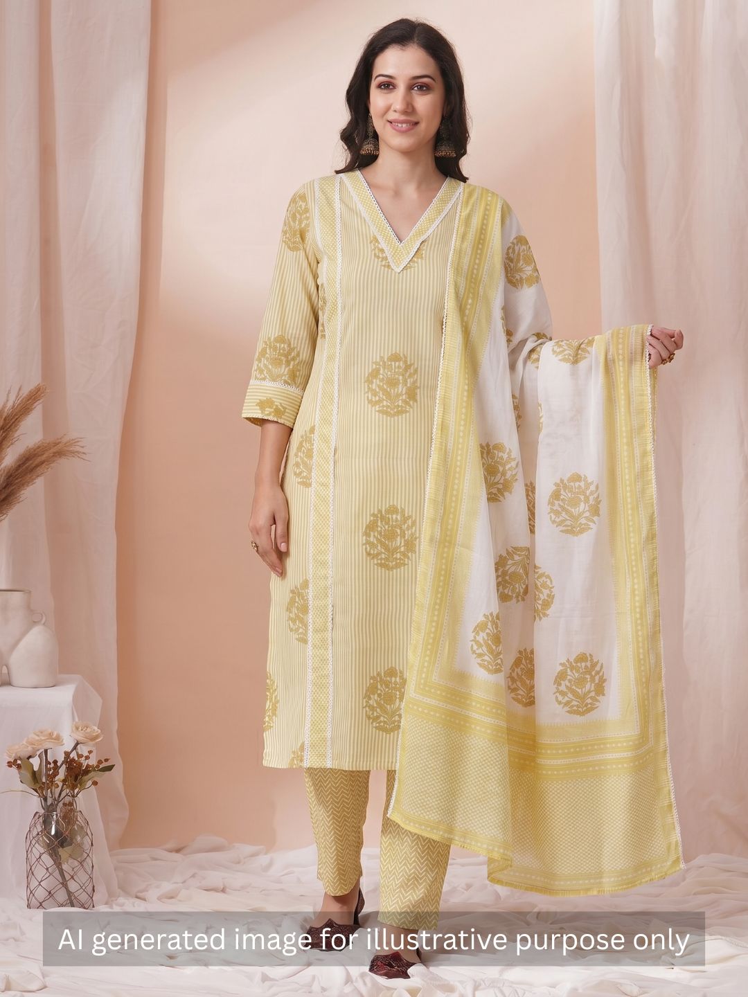 Unstitched Printed 3-Piece Cambric Dress Material with Lace Work Paired with Printed Bottom & printed dupatta.(Yellow)