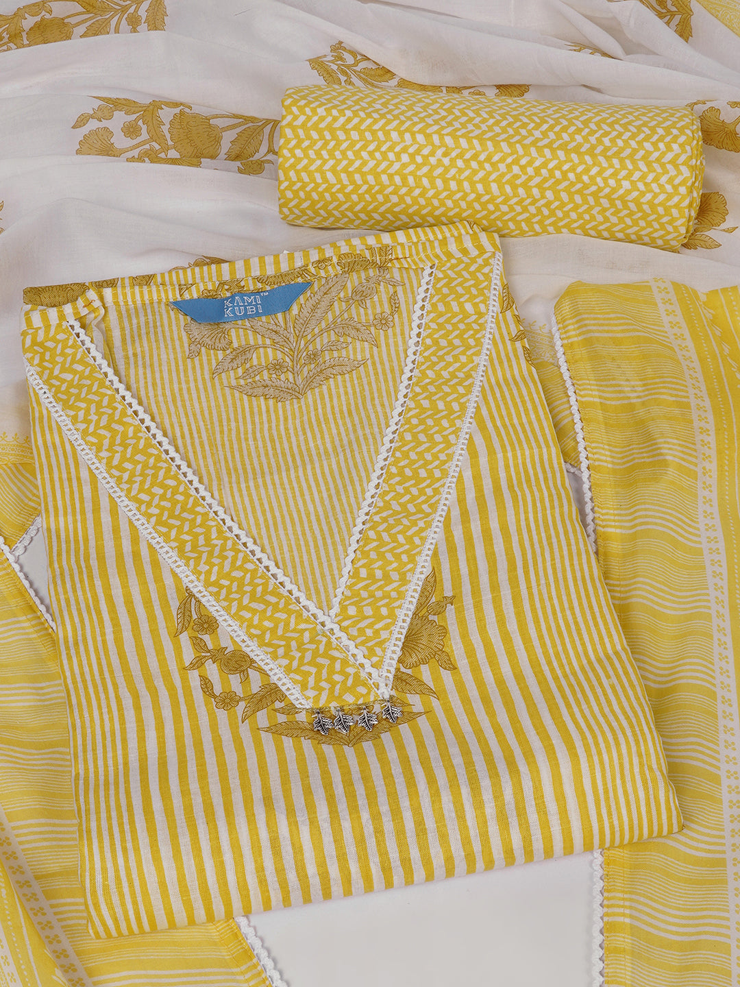 Unstitched Printed 3-Piece Cambric Dress Material with Lace Work Paired with Printed Bottom & printed dupatta.(Yellow)