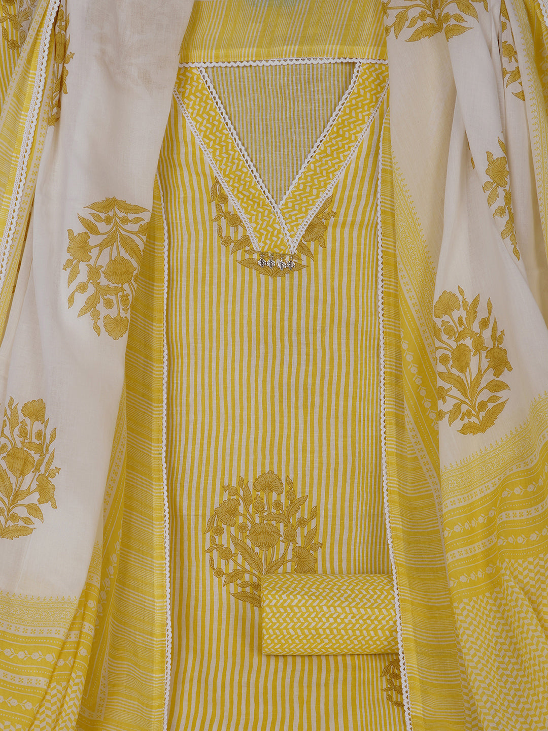 Unstitched Printed 3-Piece Cambric Dress Material with Lace Work Paired with Printed Bottom & printed dupatta.(Yellow)