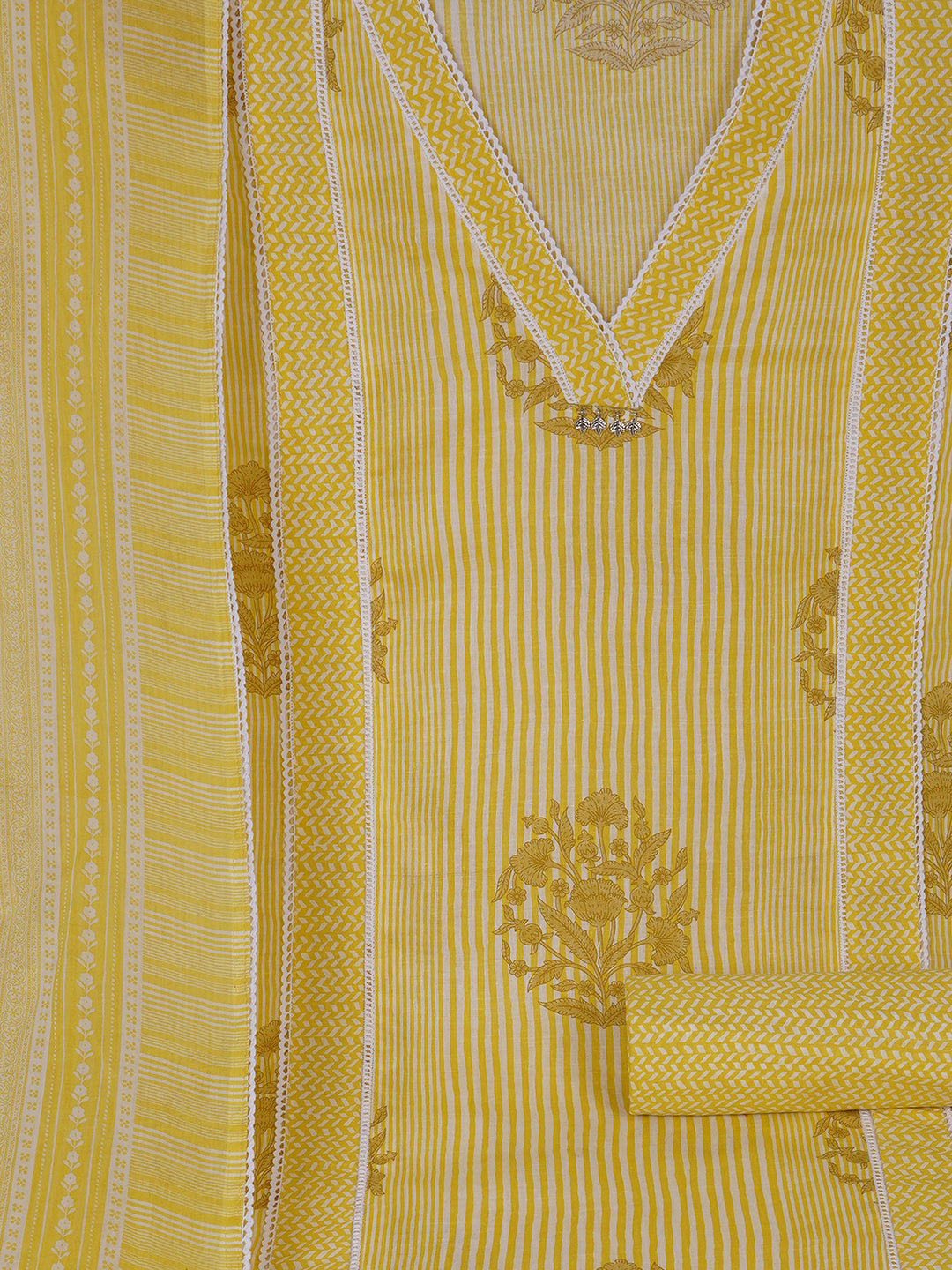 Unstitched Printed 3-Piece Cambric Dress Material with Lace Work Paired with Printed Bottom & printed dupatta.(Yellow)