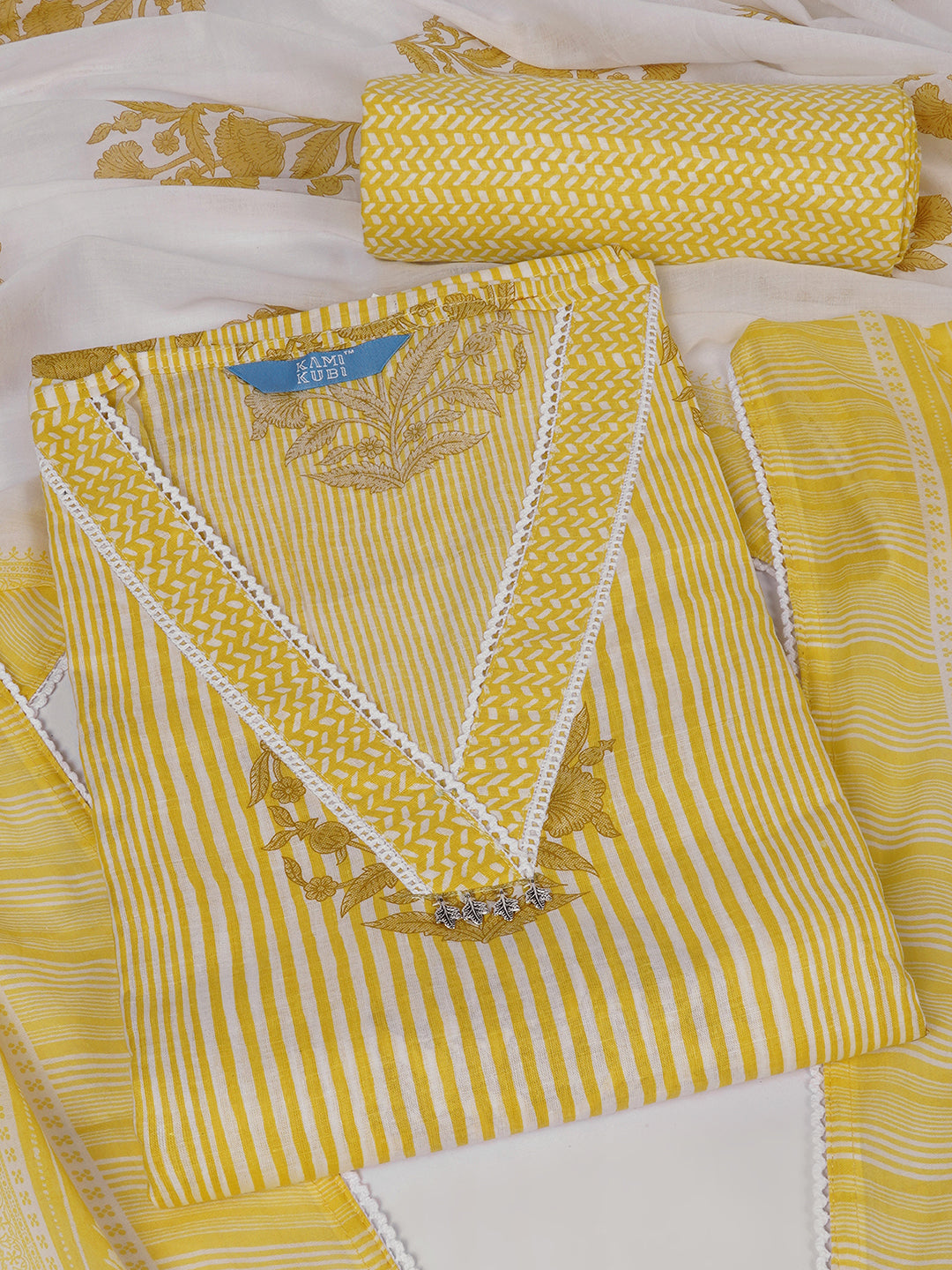 Unstitched Printed 3-Piece Cambric Dress Material with Lace Work Paired with Printed Bottom & printed dupatta.(Yellow)