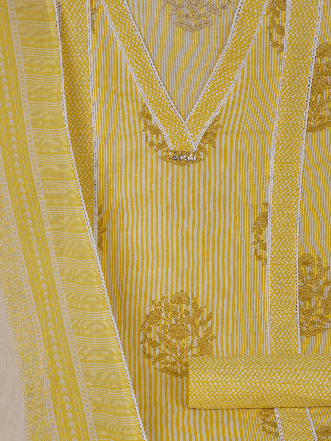 Unstitched Printed 3-Piece Cambric Dress Material with Lace Work Paired with Printed Bottom & printed dupatta.(Yellow)