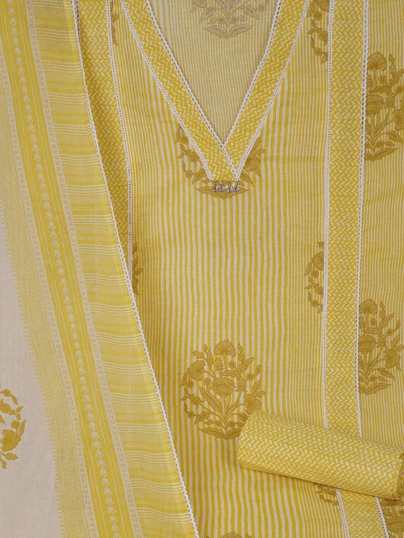 Unstitched Printed 3-Piece Cambric Dress Material with Lace Work Paired with Printed Bottom & printed dupatta.(Yellow)