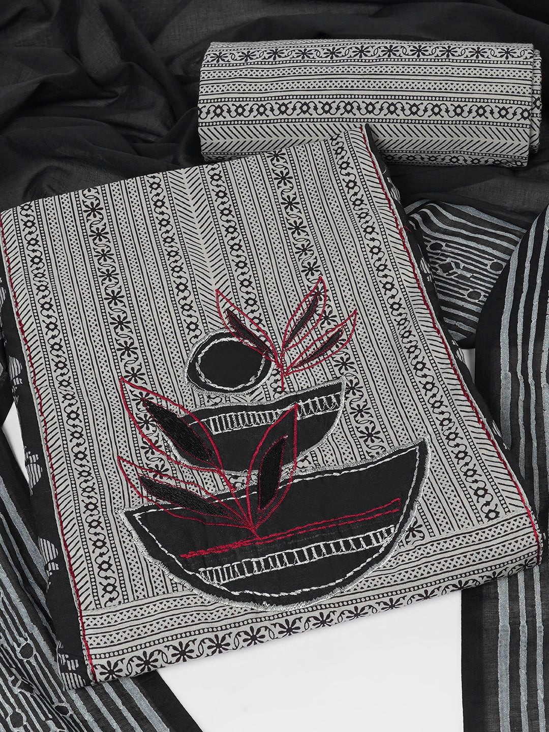 3-Piece Unstitched Printed Cambric Dress Material with Applique Work & Mul Dupatta.(Black)