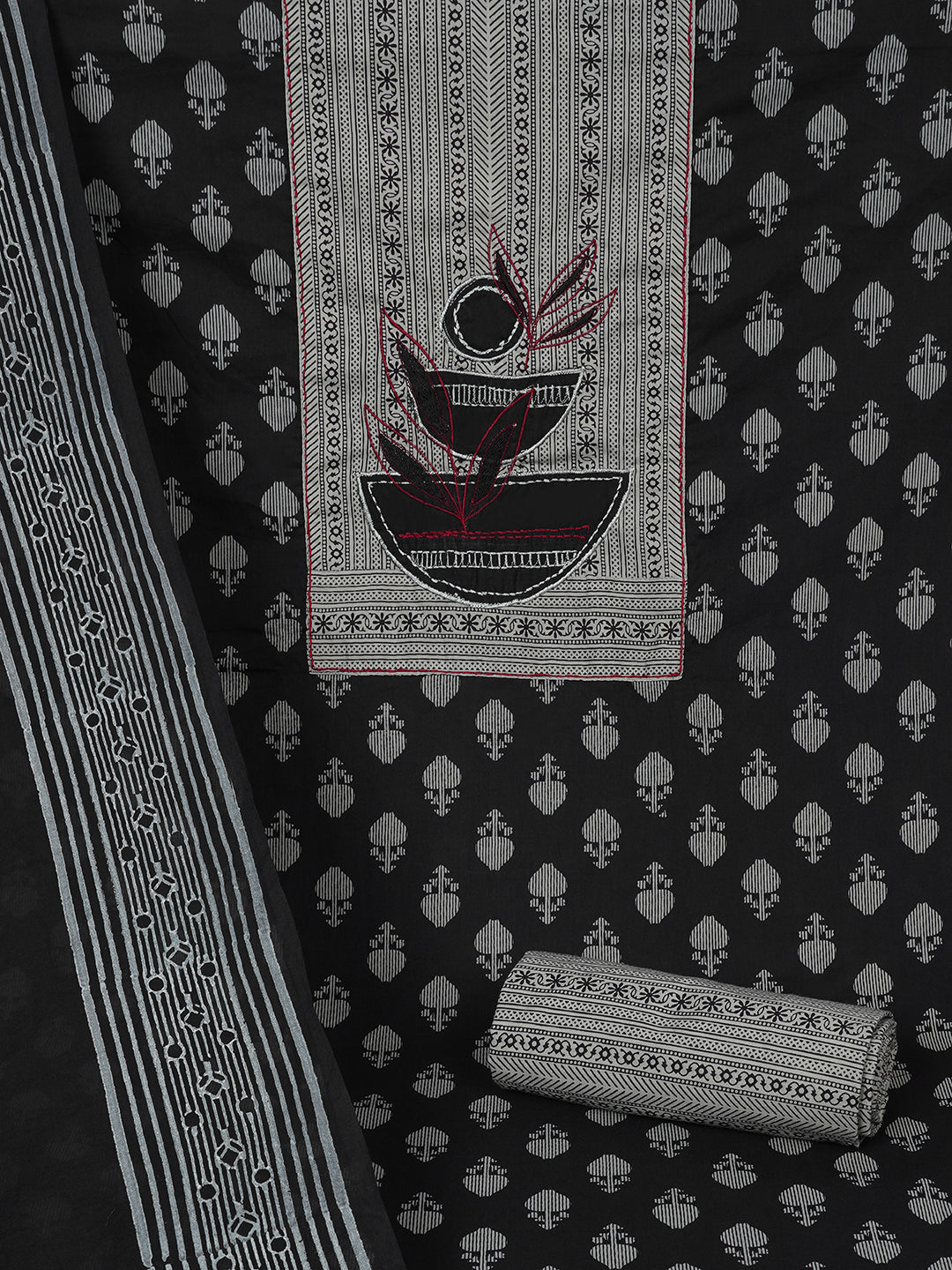 3-Piece Unstitched Printed Cambric Dress Material with Applique Work & Mul Dupatta.(Black)
