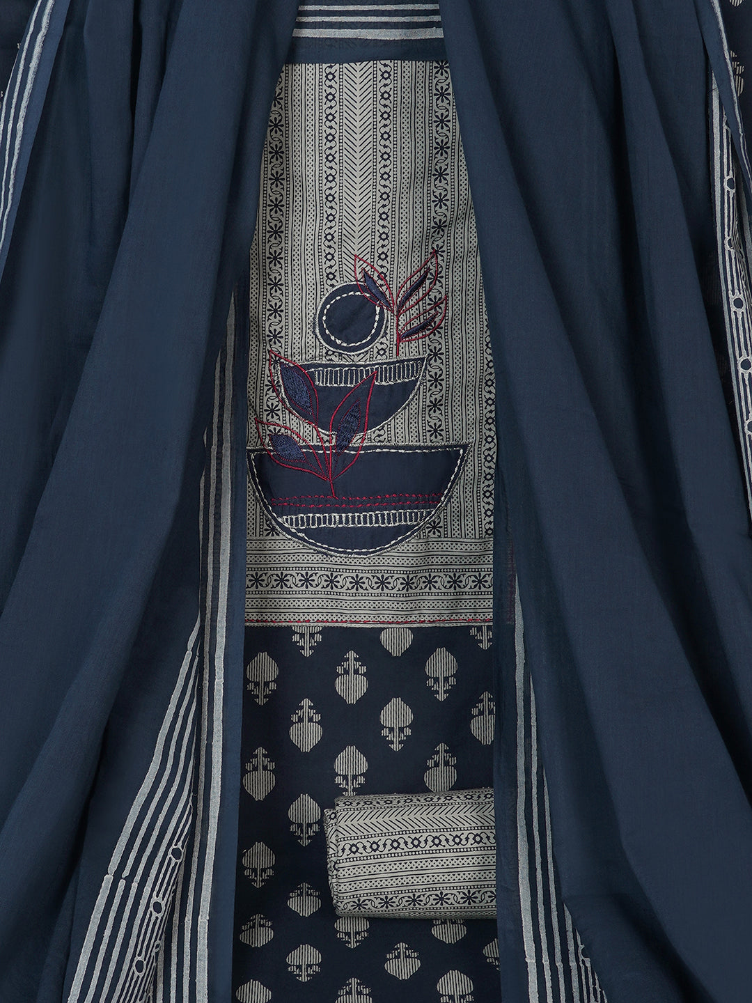 3-Piece Unstitched Printed Cambric Dress Material with Applique Work & Mul Dupatta.(Blue)