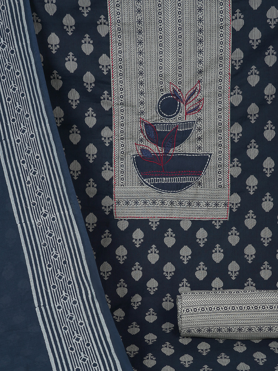 3-Piece Unstitched Printed Cambric Dress Material with Applique Work & Mul Dupatta.(Blue)