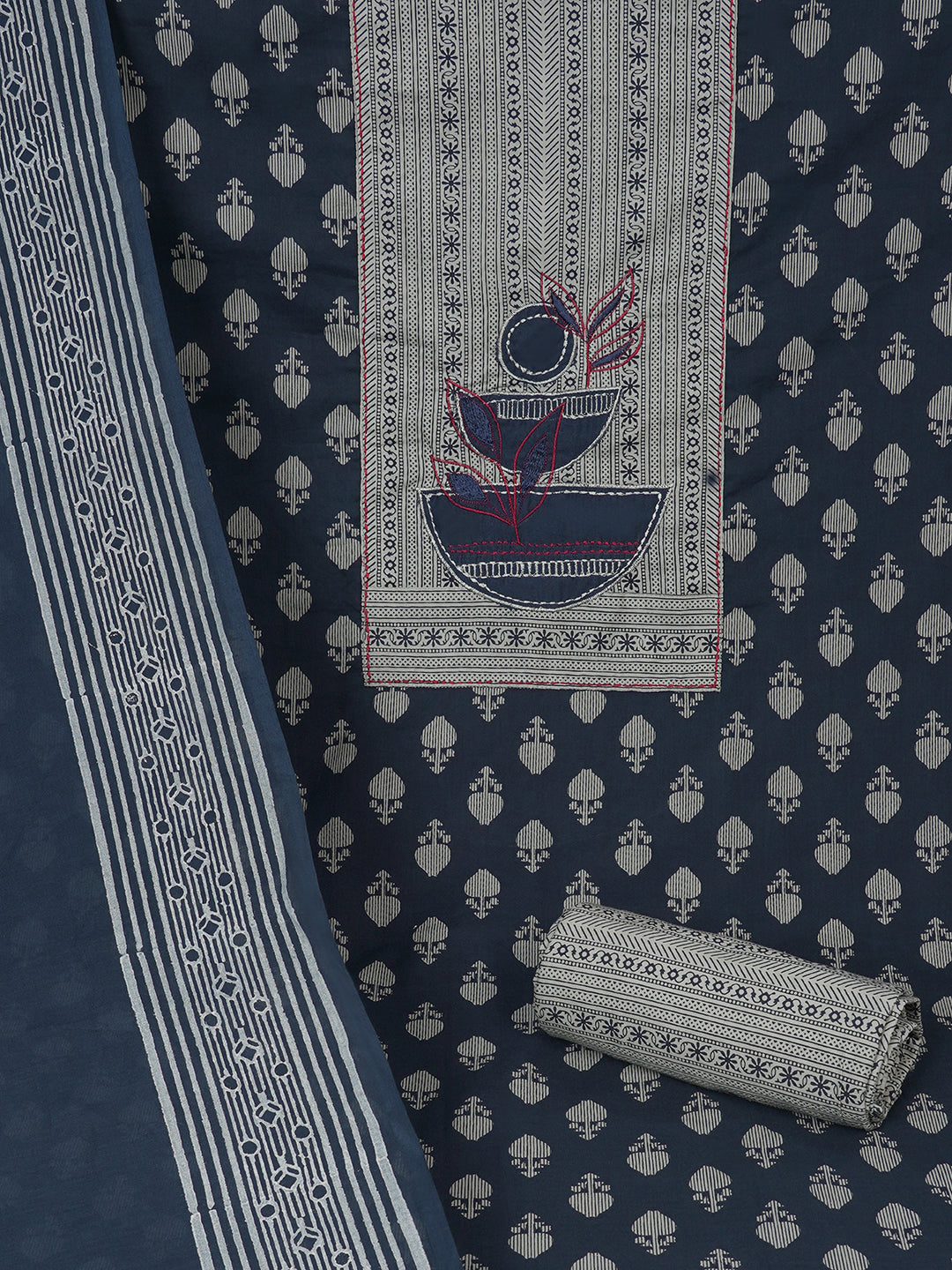 3-Piece Unstitched Printed Cambric Dress Material with Applique Work & Mul Dupatta.(Blue)