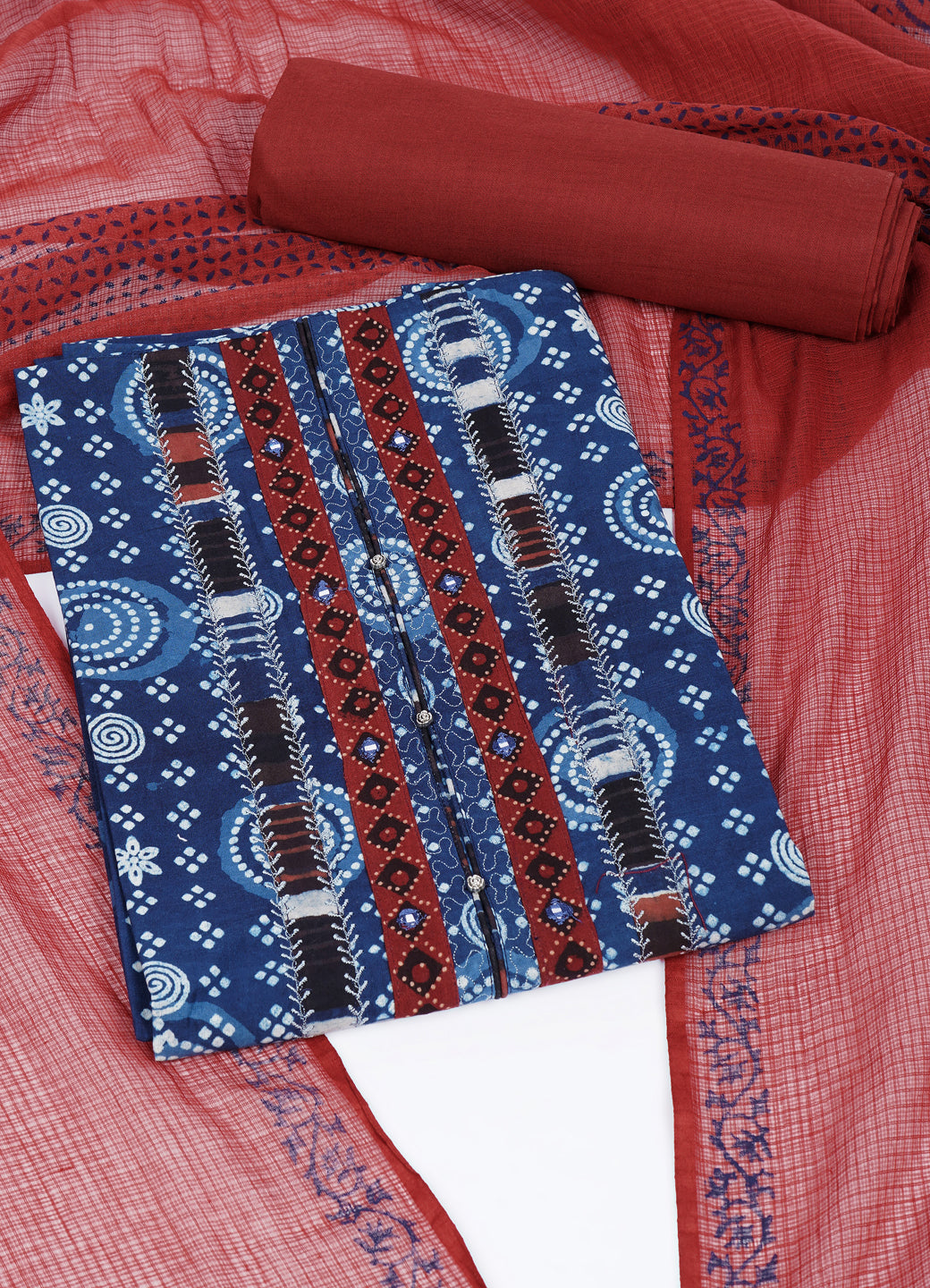 Indigo Bandhani Print Cotton Unstitched Suit Set with Embroidered Yoke & Rust Dupatta Material.