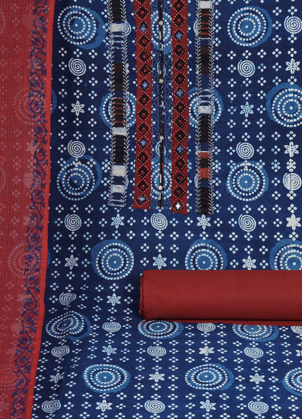 Indigo Bandhani Print Cotton Unstitched Suit Set with Embroidered Yoke & Rust Dupatta Material.