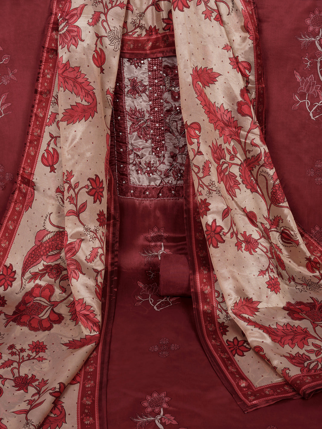 Digitally printed art silk unstitched suit Set with Zardosi Work.