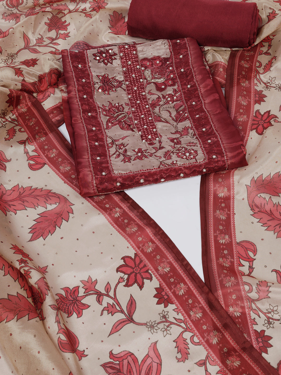 Digitally printed art silk unstitched suit Set with Zardosi Work.