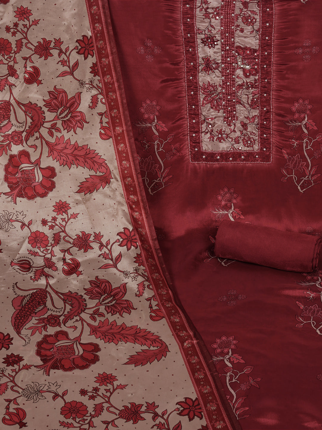 Digitally printed art silk unstitched suit Set with Zardosi Work.