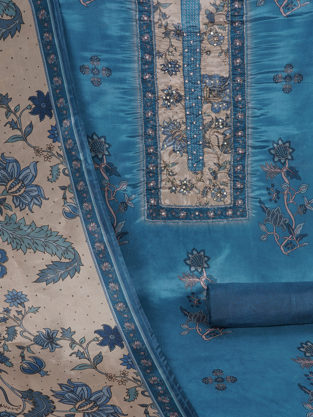 Digitally printed art silk unstitched suit Set with Zardosi Work.