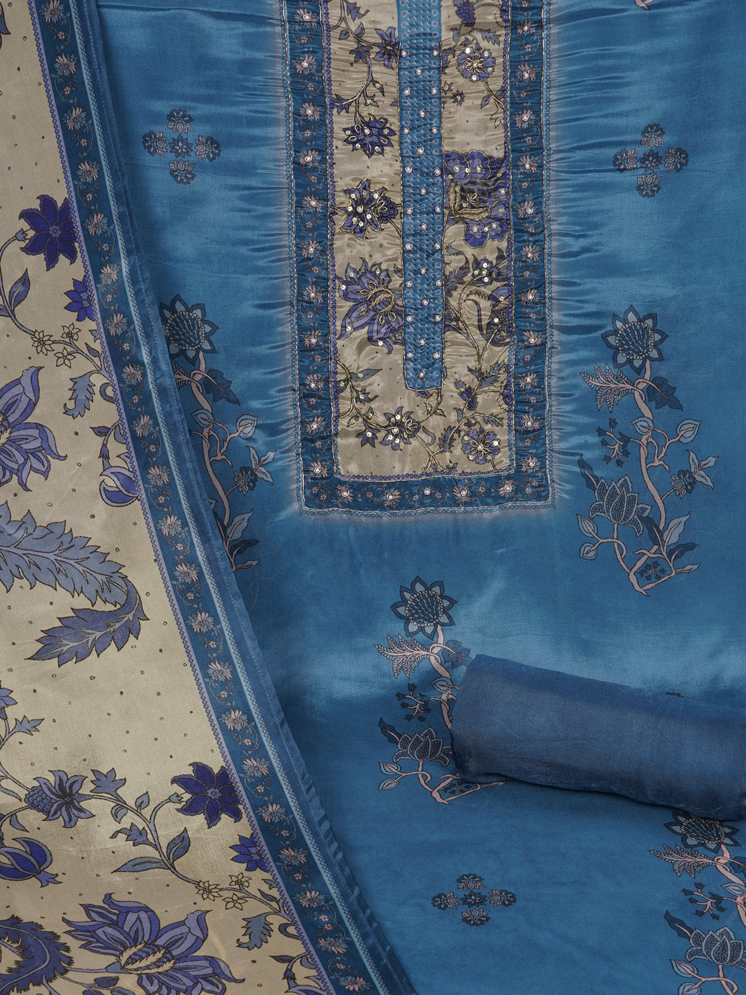 Digitally printed art silk unstitched suit Set with Zardosi Work.