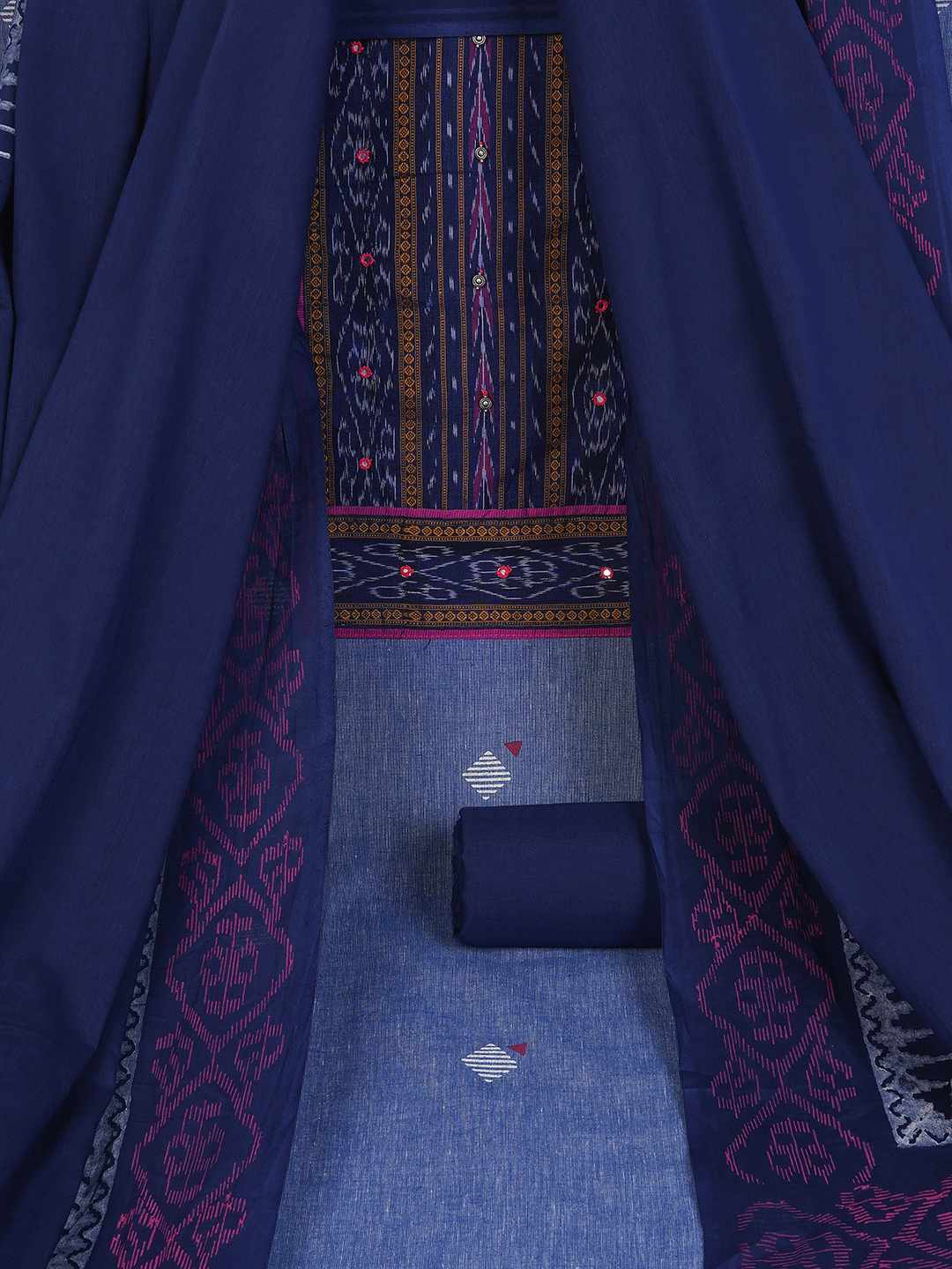 Unstitched cotton Suit Set in Soft Fabric with Ikat Yoke & Block Print Dupatta.(Blue)
