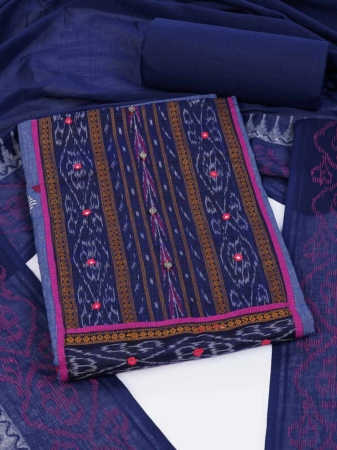 Unstitched cotton Suit Set in Soft Fabric with Ikat Yoke & Block Print Dupatta.(Blue)