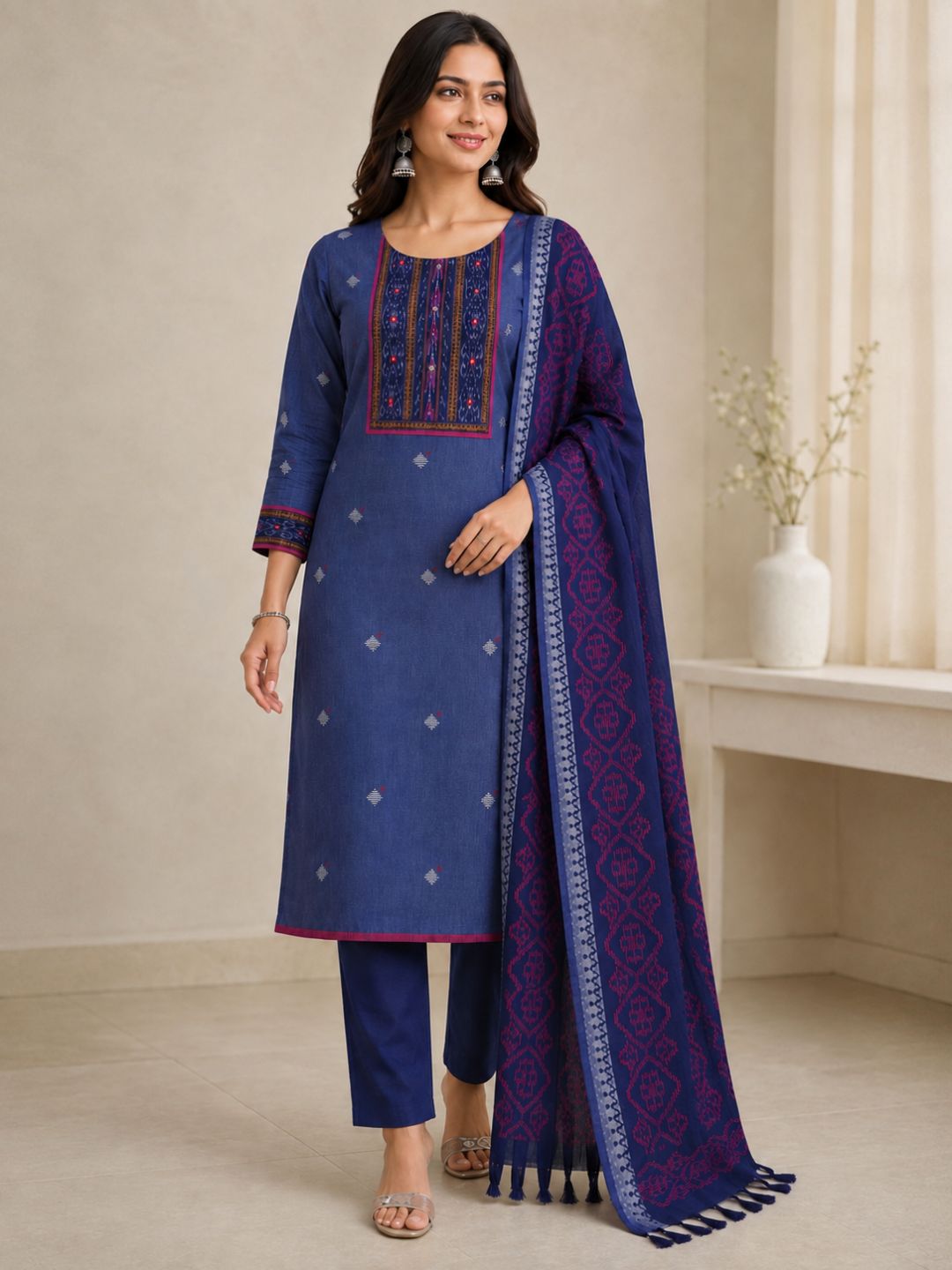 Unstitched cotton Suit Set in Soft Fabric with Ikat Yoke & Block Print Dupatta.(Blue)