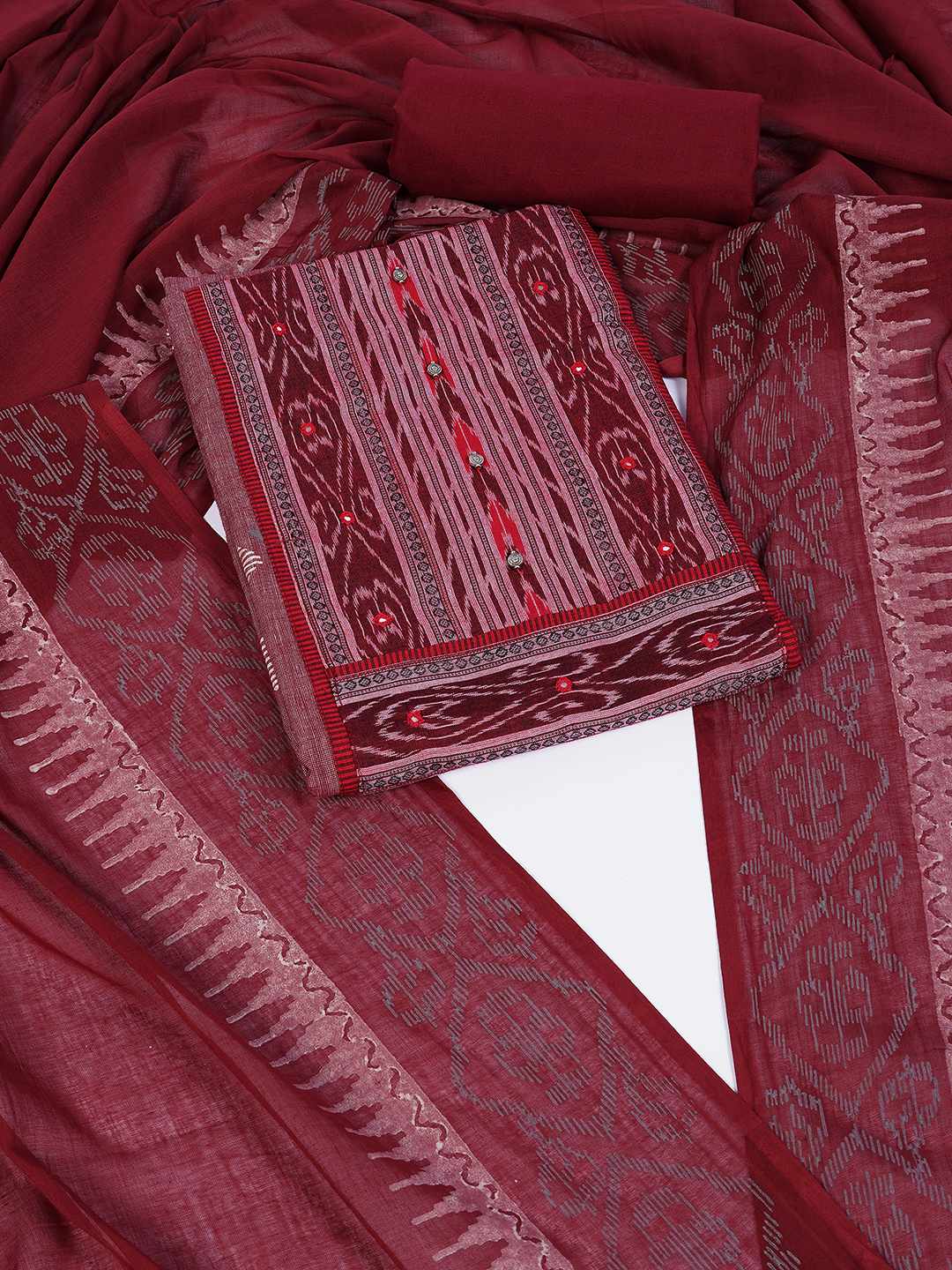 Unstitched cotton Suit Set in Soft Fabric with Ikat Yoke & Block Print Dupatta.(Maroon)