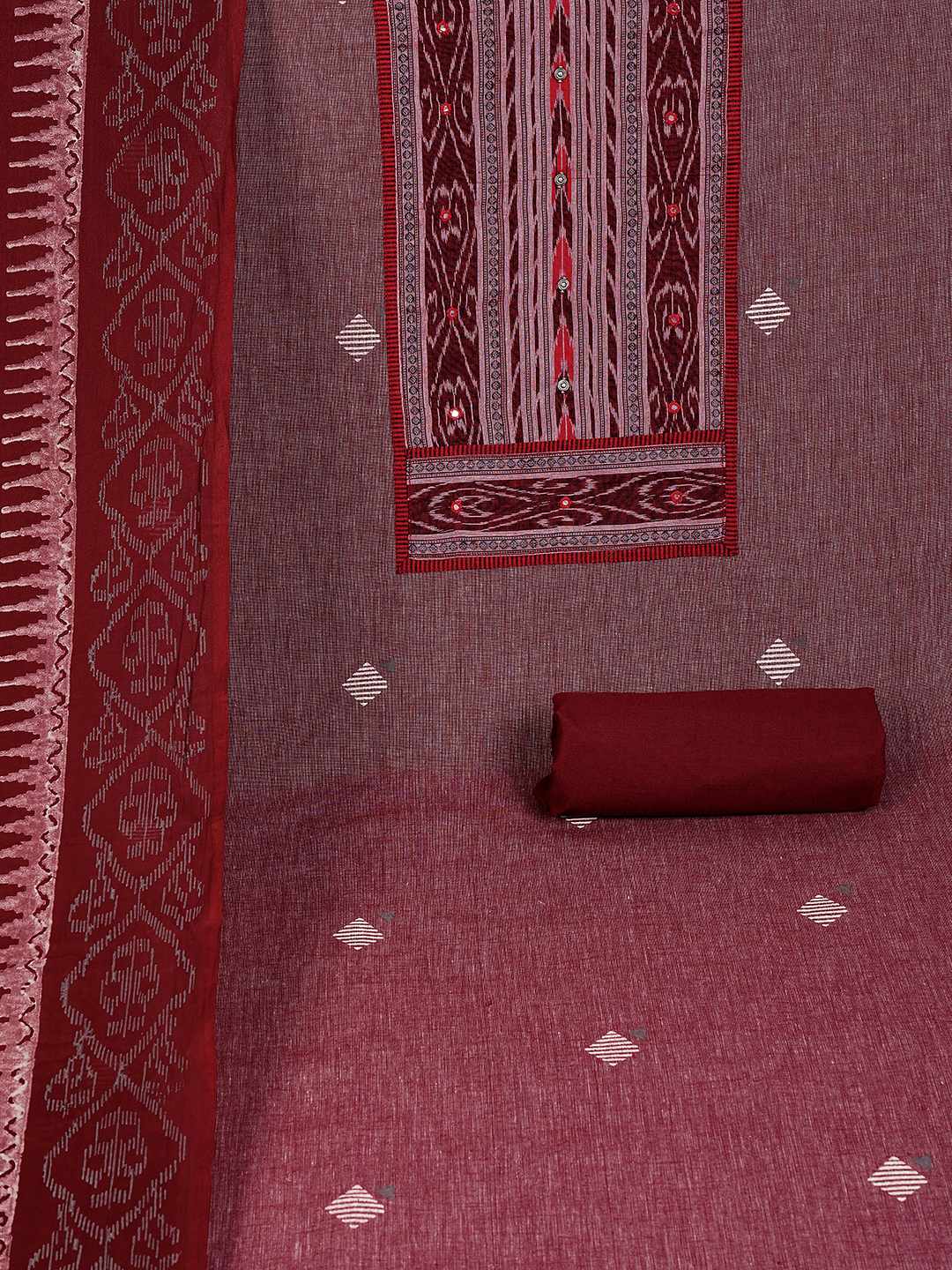 Unstitched cotton Suit Set in Soft Fabric with Ikat Yoke & Block Print Dupatta.(Maroon)