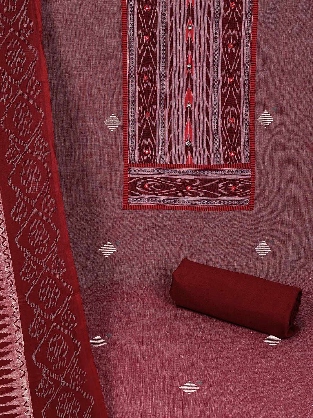 Unstitched cotton Suit Set in Soft Fabric with Ikat Yoke & Block Print Dupatta.(Maroon)