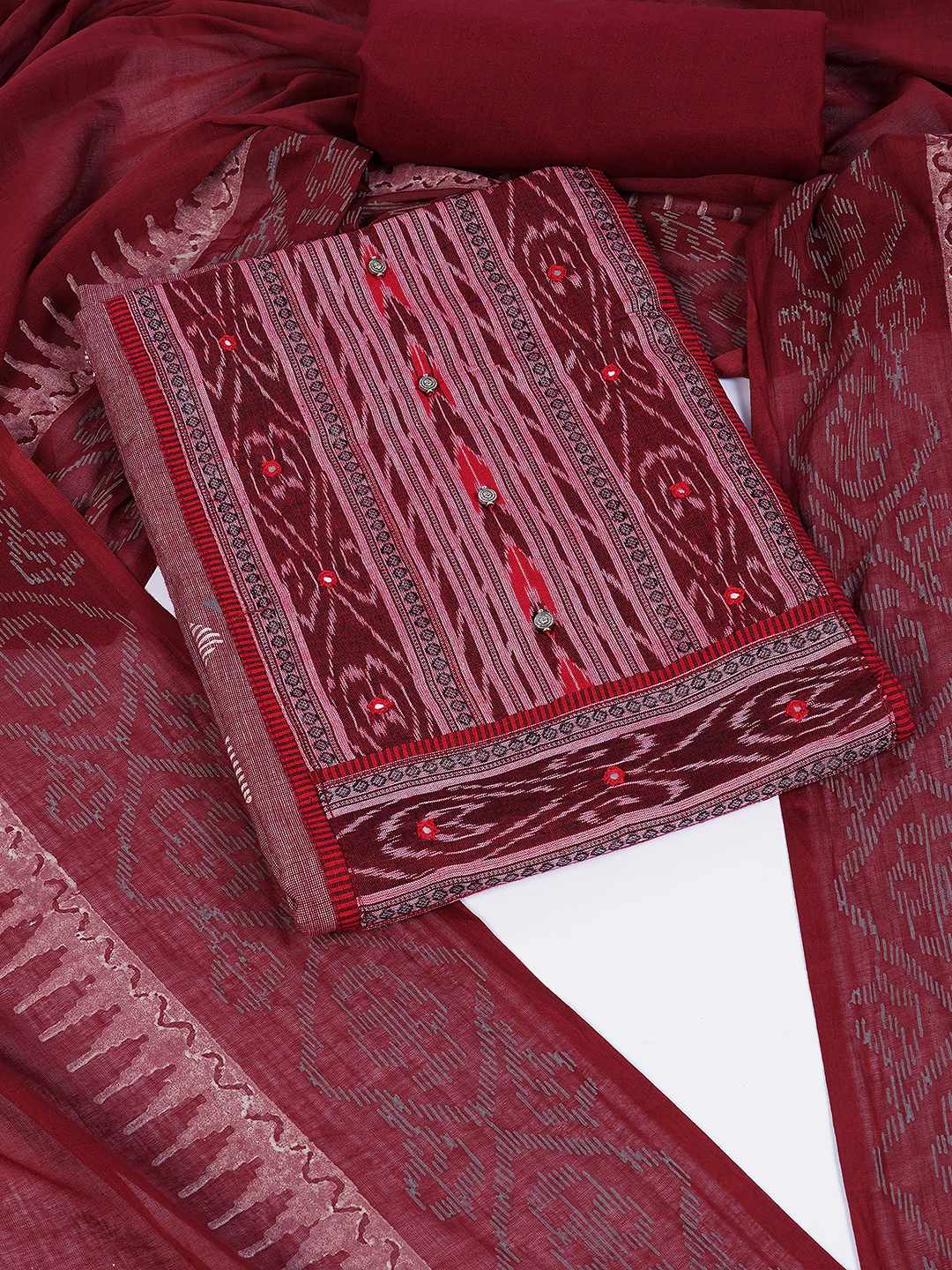 Unstitched cotton Suit Set in Soft Fabric with Ikat Yoke & Block Print Dupatta.(Maroon)