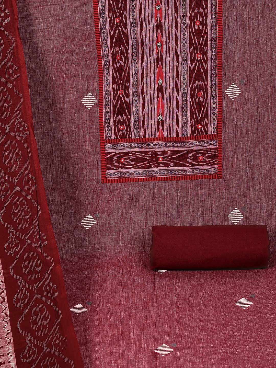 Unstitched cotton Suit Set in Soft Fabric with Ikat Yoke & Block Print Dupatta.(Maroon)