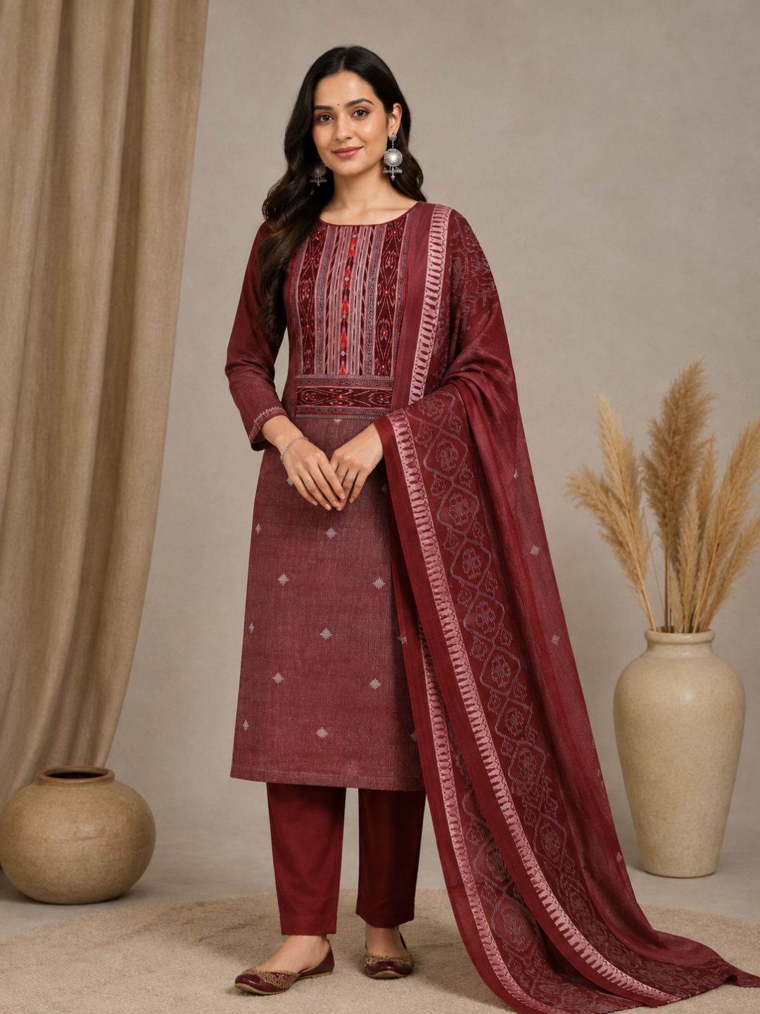 Unstitched cotton Suit Set in Soft Fabric with Ikat Yoke & Block Print Dupatta.(Maroon)