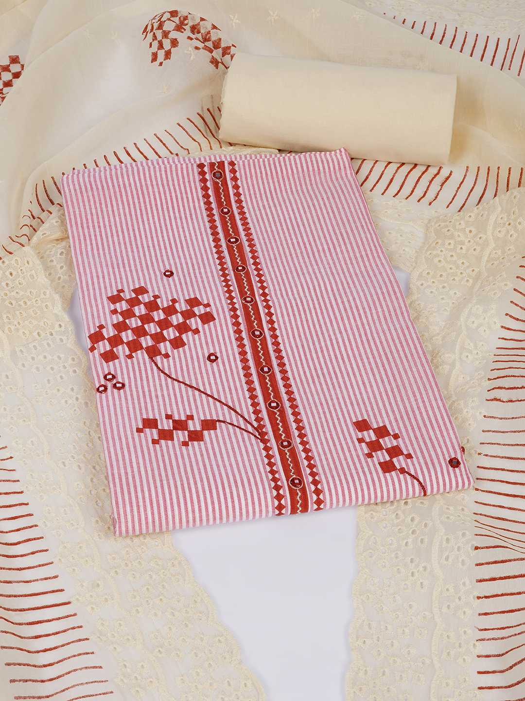 Unstitched Cotton Dress Material with Mirror Work paired with Plain Bottom & printed dupatta.(Pink)