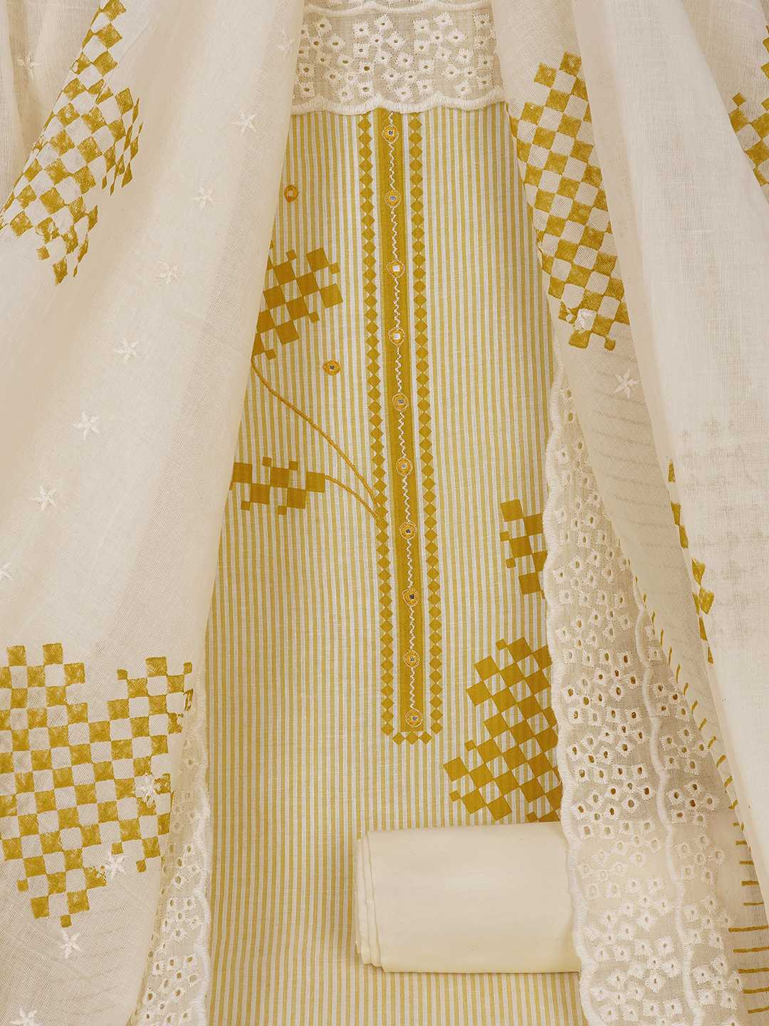 Unstitched Cotton Dress Material with Mirror Work paired with Plain Bottom & printed dupatta.(Yellow)